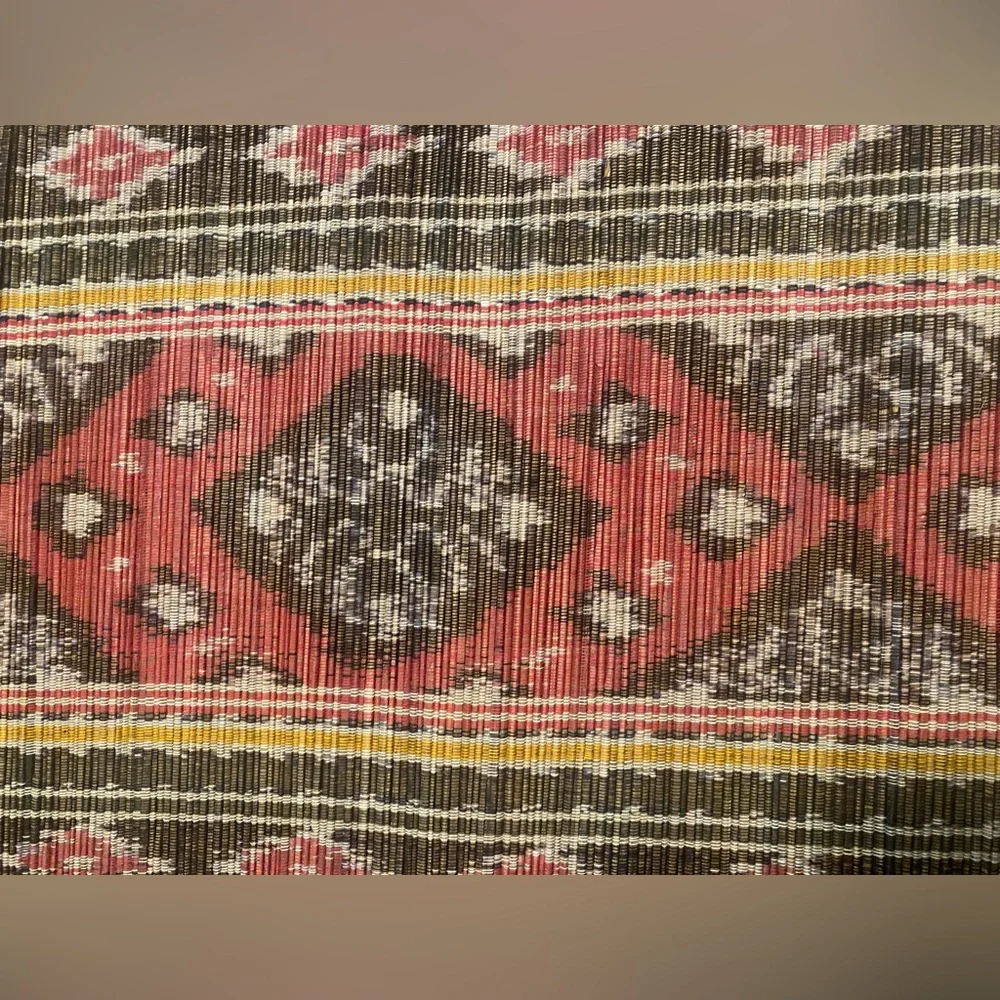 Ethnic Straw Table Runner with Red Mustard Black White Design
